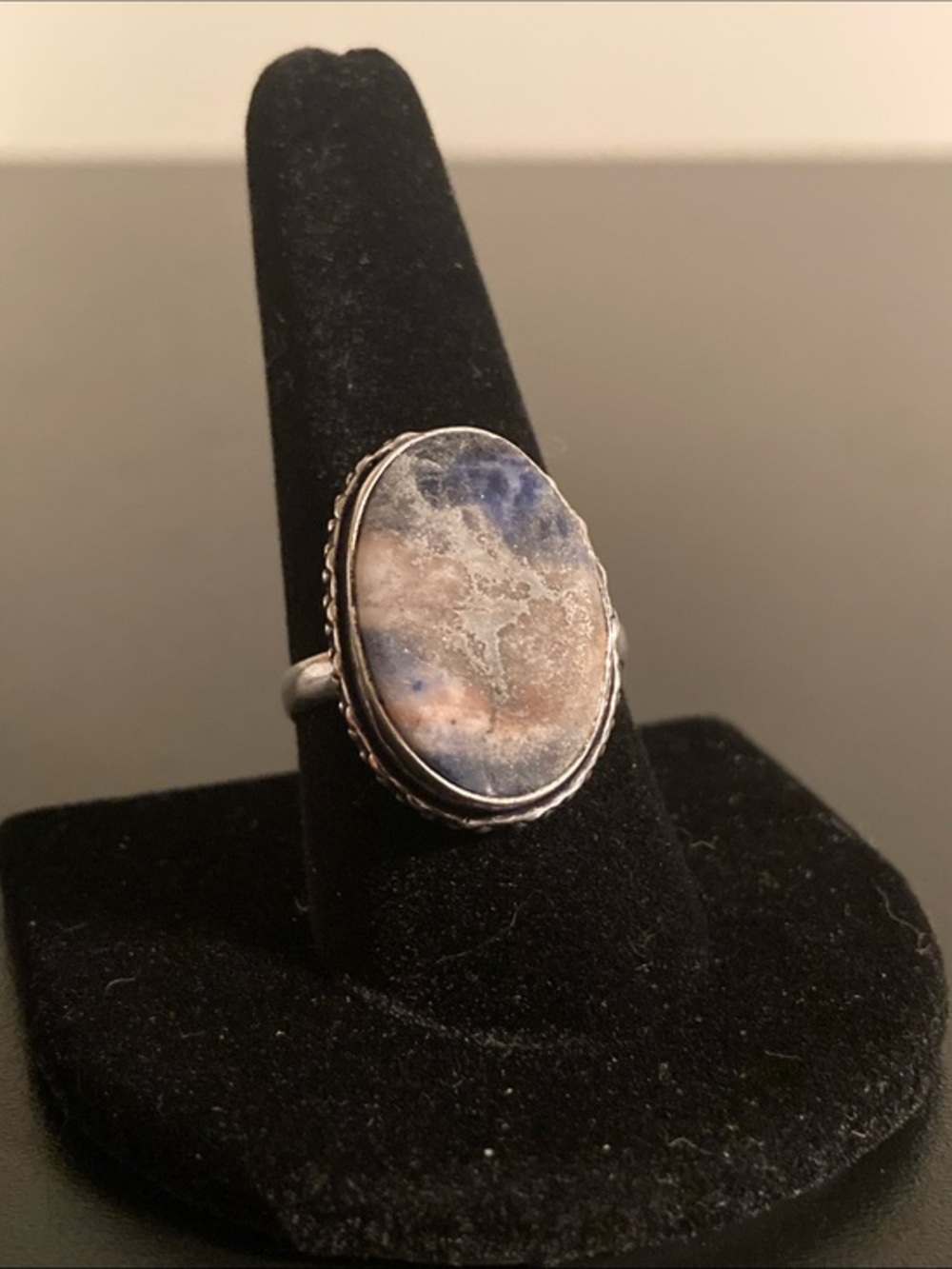 Sterling Silver Oval Blue and Cream Stone Statement Ring size 10